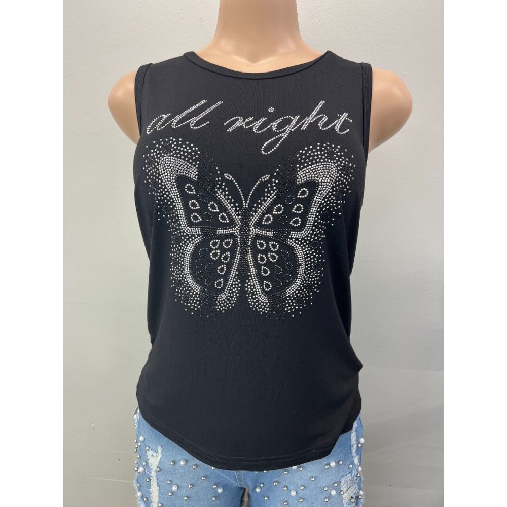 WOMEN Tank Top Shirt Sleeveless Yoga Top Black Rhinestone Butterfly Design S/M